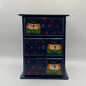 Vintage Wooden 7.5 IN Chest 3 Drawer Trinket Box Blue Red Polka Dot Clown Kitsch